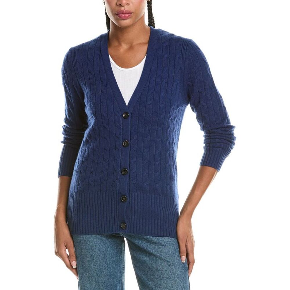 N.Peal Womens Clara Cable V-Neck 100% Cashmere Cardigan, Blue